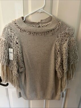 Anthropologie Cream Fringe Open-Knit Crew Sweater